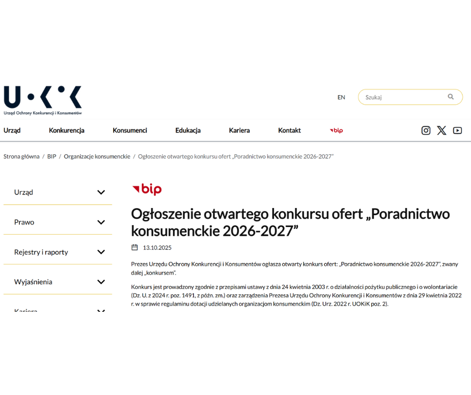 Konkurs ofert: „Poradnictwo konsumenckie 2026-2027”