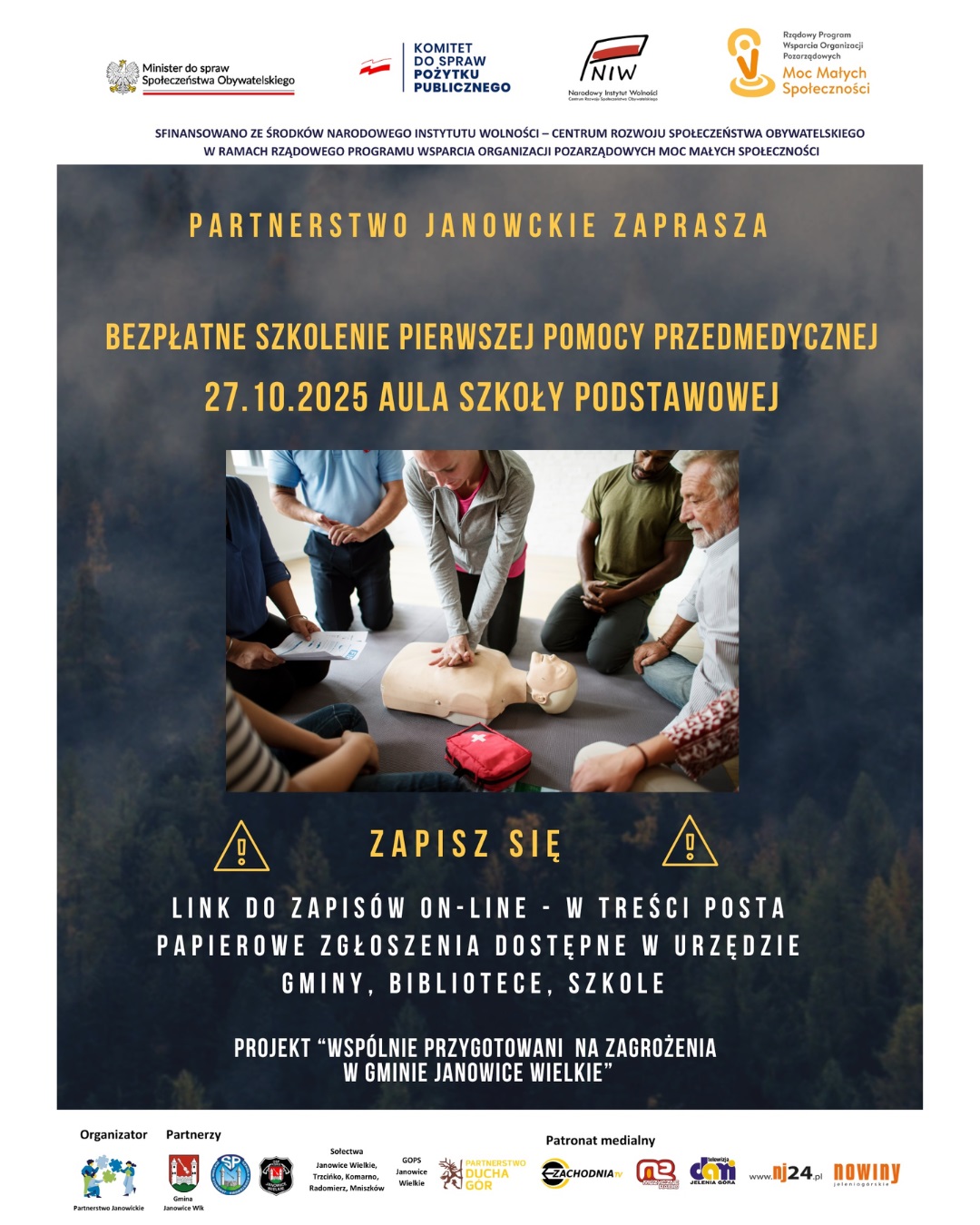 27.10.25 godz. 17.00 AULA Szkoły Podstawowej bezpłatne szkolenie z pierwszej pomocy przedmedycznej